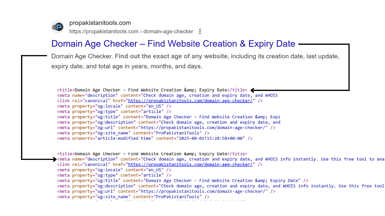 How to inspect and find meta tags in HTML code Website source code view showing extracted meta tags using an online tool.